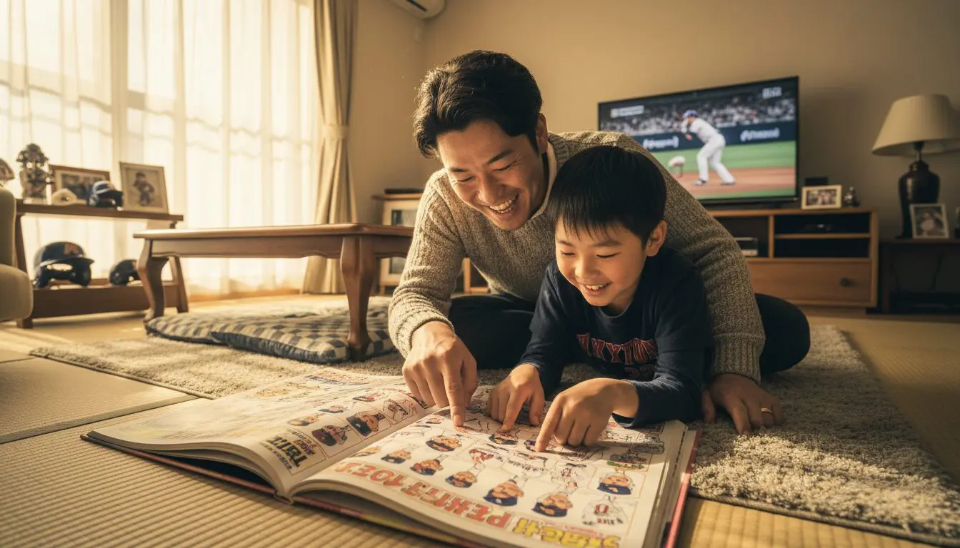 プロ野球選手名鑑を笑顔で囲む日本人親子(生成AIによるイメージ)