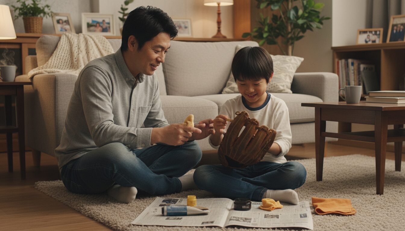 使い込まれた野球のグラブを親子で手入れしている温かい風景(生成AIによるイメージ)