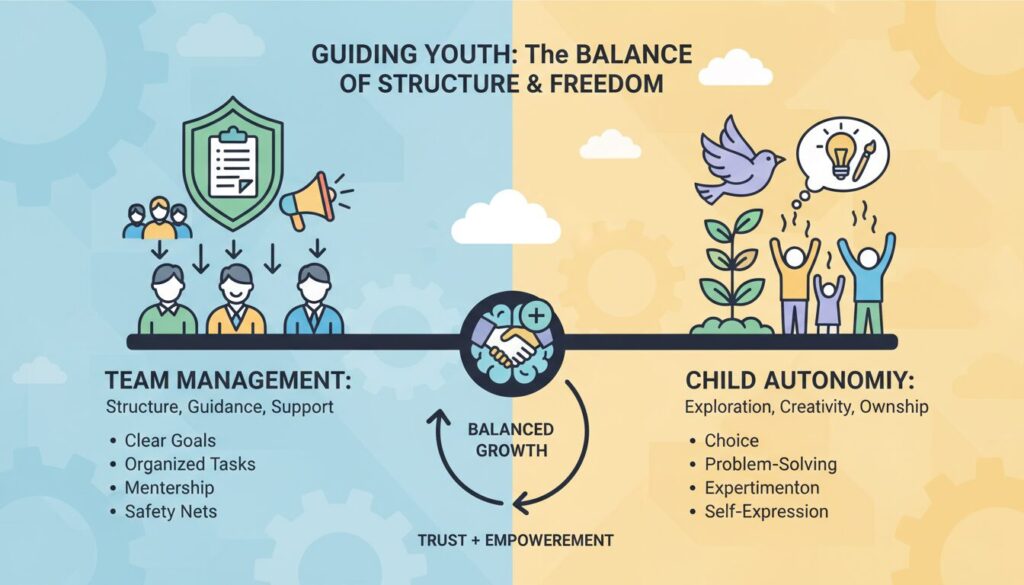 チームの管理と子供の自主性のバランスをとるインフォグラフィック(生成AIによるイメージ)