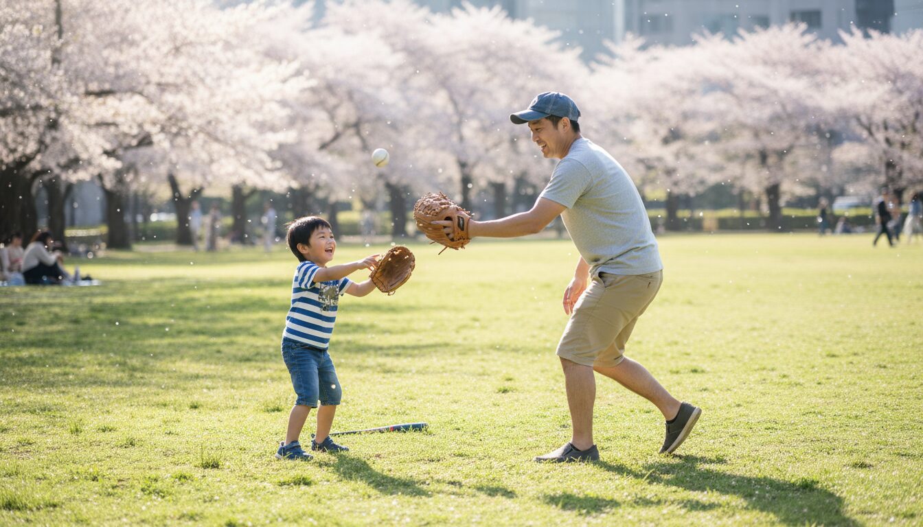 笑顔でキャッチボールの暴投を捕る父親と少年の風景(生成AIによるイメージ)