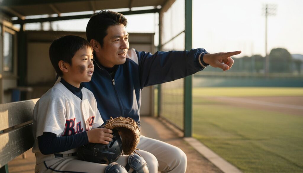 ホームベースでしゃがむ少年野球のキャッチャーと、フェンス越しに見守る父親(生成AIによるイメージ)