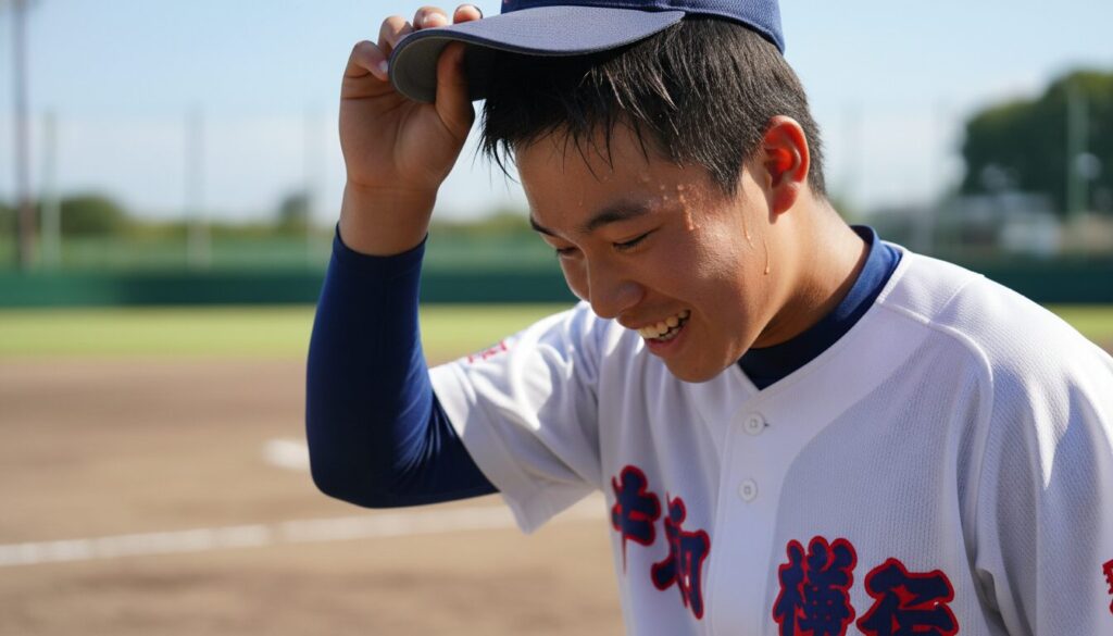 帽子をとって元気よく挨拶をする野球少年(生成AIによるイメージ)