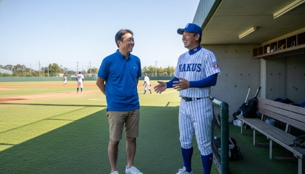 少年野球の指導者と笑顔で対話する保護者の男性(生成AIによるイメージ)