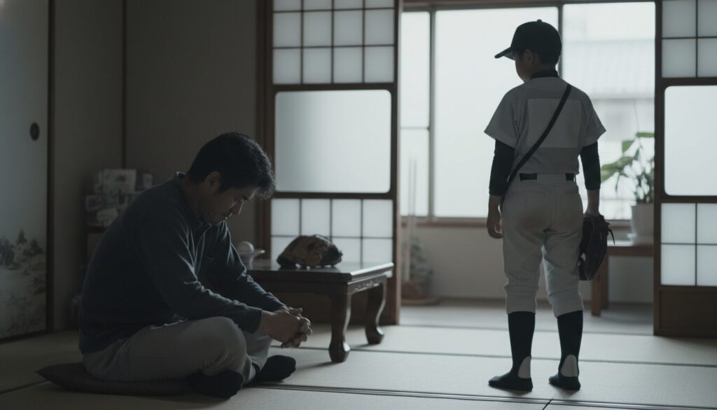 子供に余計な口出しをしてしまい気まずい雰囲気の父親と息子(生成AIによるイメージ)