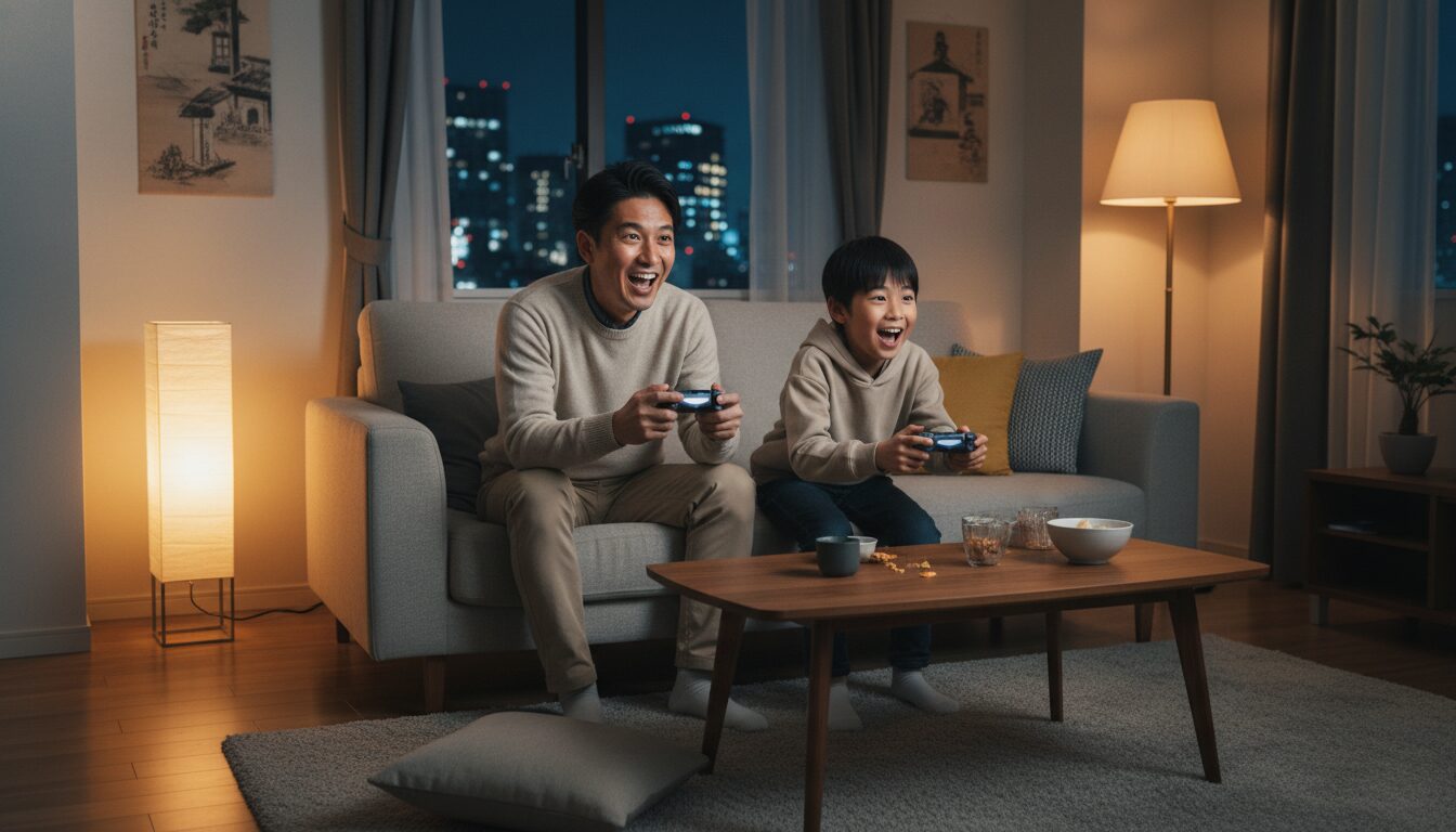 リビングでテレビゲーム（パワプロ）を楽しみながら大盛りあがりする父親と小学生の息子(生成AIによるイメージ)