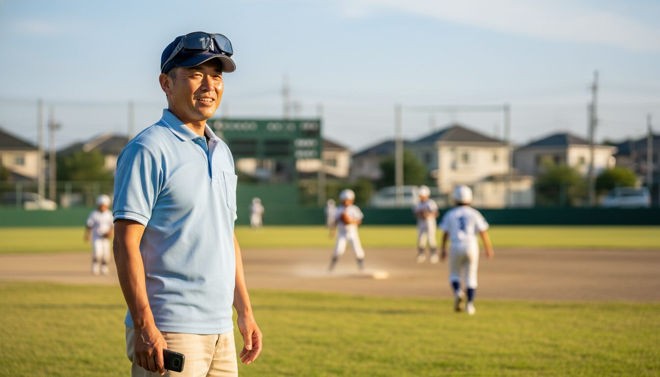 少年野球のグラウンドで自信を持って塁審を務める日本人の父親(生成AIによるイメージ)