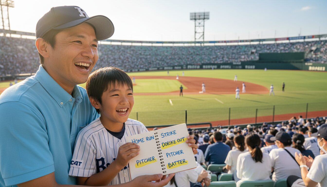野球場のスタンドで笑顔でノートを開く日本の親子(生成AIによるイメージ)