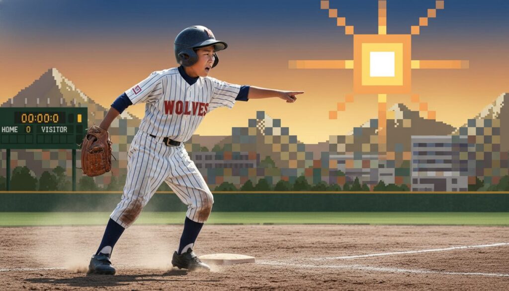 ルールが分からずサードへ走ろうとしてしまう少年野球の子供と、レトロゲームのイメージ(生成AIによるイメージ)