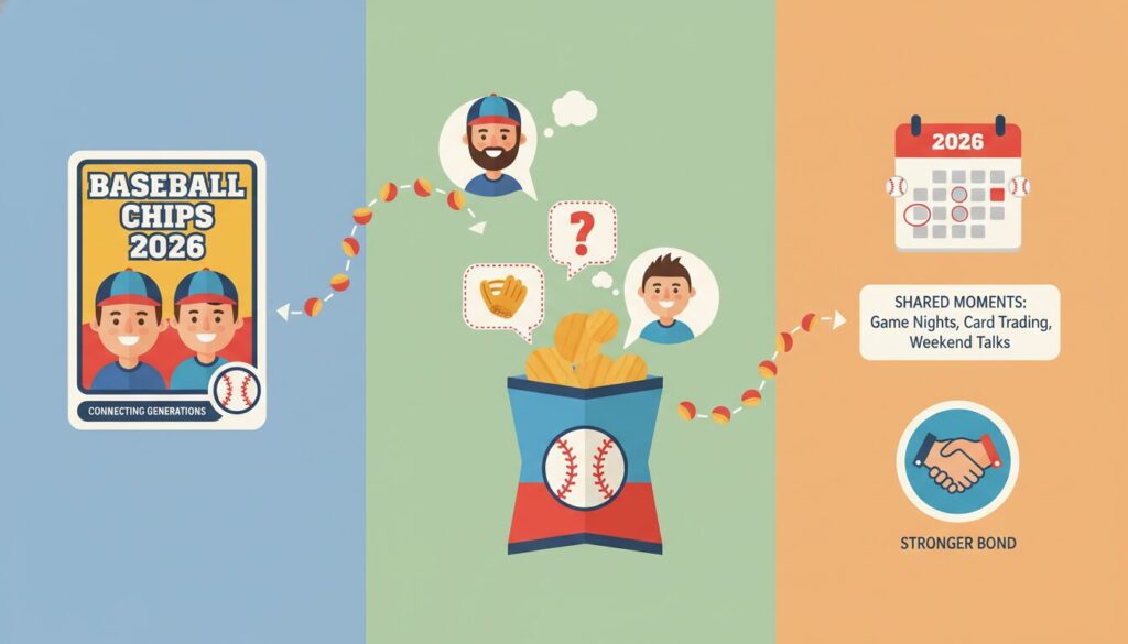 プロ野球チップスを通じた親子のコミュニケーションの輪を示すインフォグラフィック(生成AIによるイメージ)