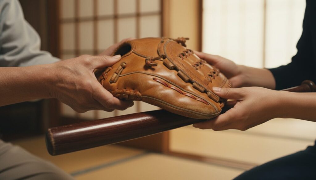 卒団する親から在団する親へ野球道具と思いを引き継ぐシーン(生成AIによるイメージ)