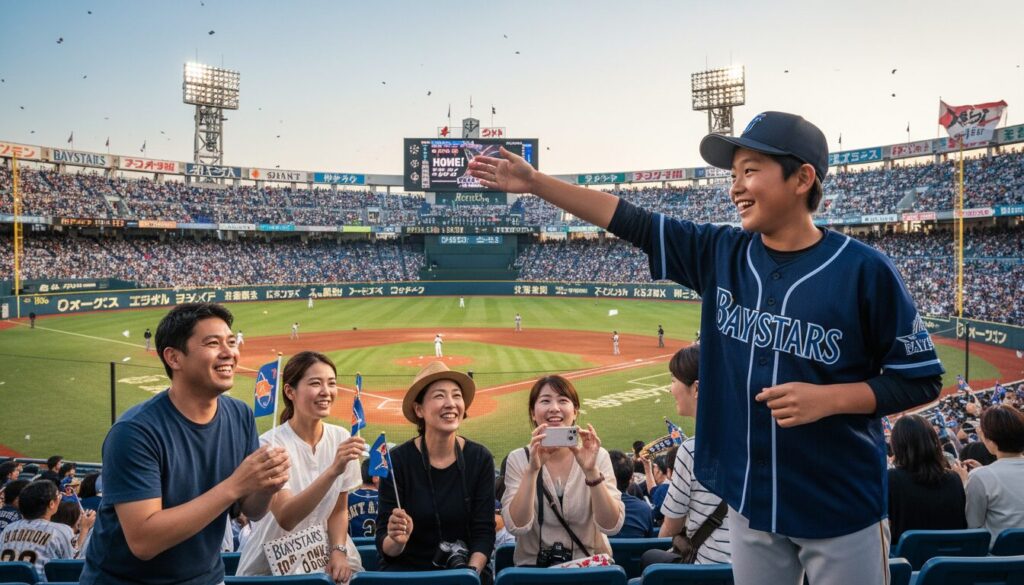 球場で外国人観光客に野球の魅力をガイドする日本人中学生(生成AIによるイメージ)