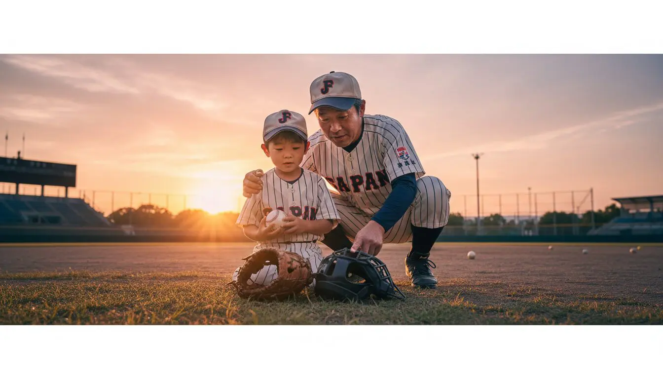 キャッチャーミットを見つめる少年野球の親子（生成AIによるイメージ）