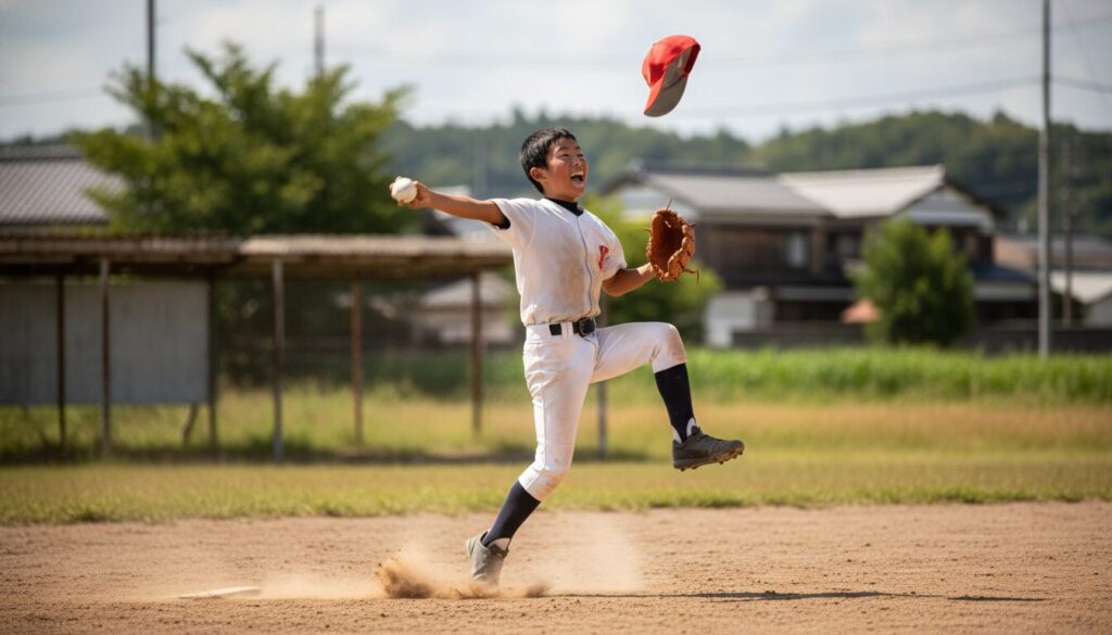 的を気にせず思い切り腕を振ってボールを投げる少年(生成AIによるイメージ)