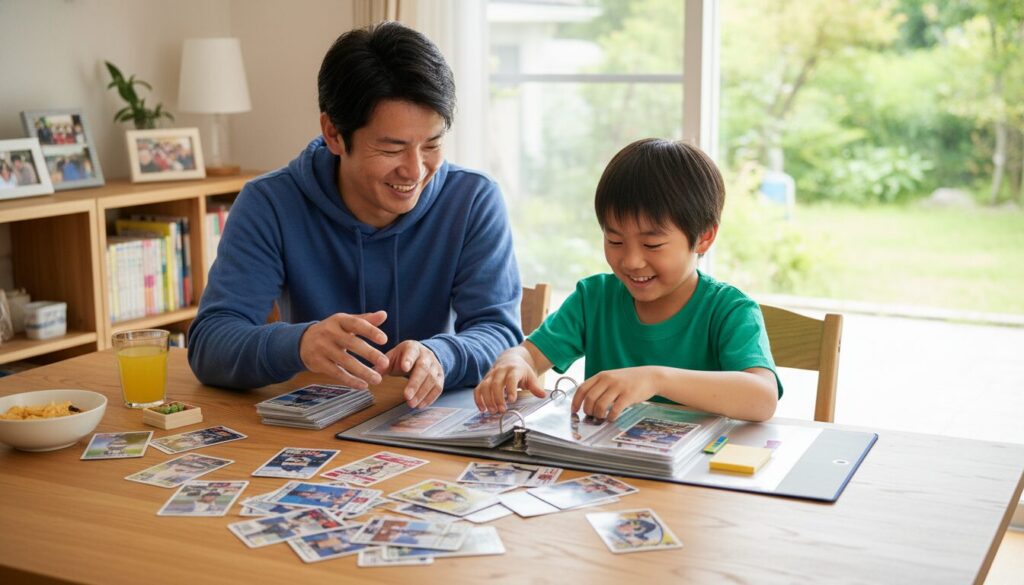 テーブルの上で野球カードをバインダーに一緒に収納し整理している父親と息子(生成AIによるイメージ)