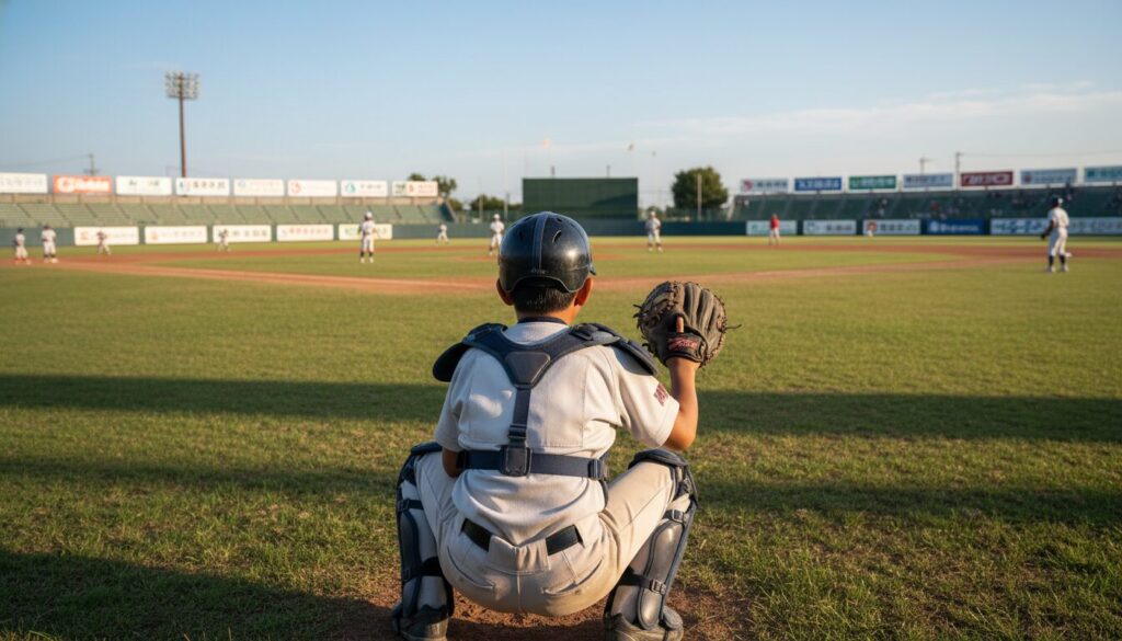 グラウンド全体を一人で見渡す少年野球のキャッチャーの後ろ姿(生成AIによるイメージ)