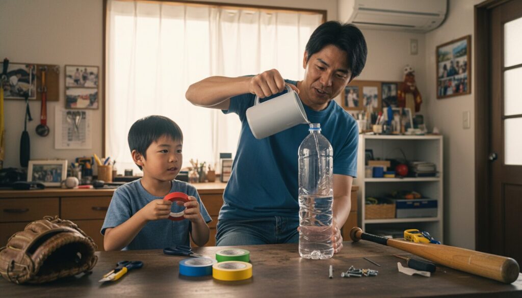ペットボトルに水を入れて手作りの野球練習道具を作っている父親(生成AIによるイメージ)