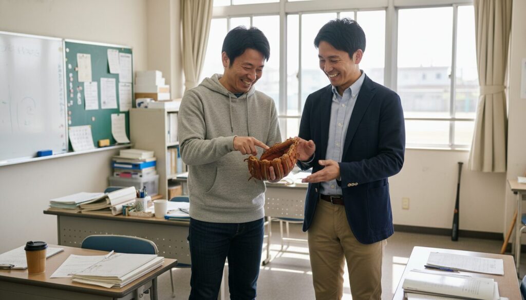 学校の先生と笑顔で対話する野球パパの姿(生成AIによるイメージ)