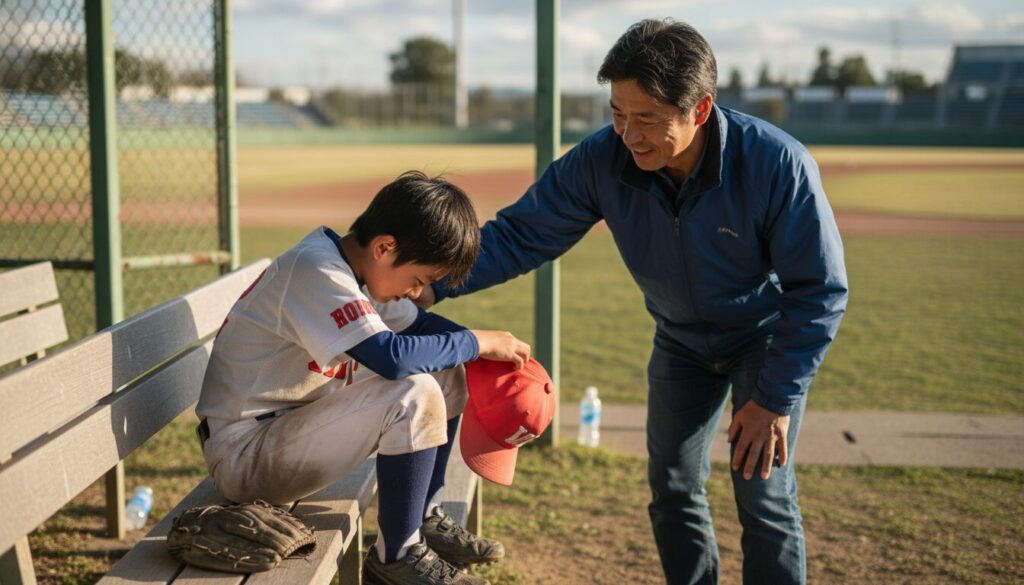 ベンチでうつむく少年野球の息子に優しく手を寄り添わせる父親(生成AIによるイメージ)