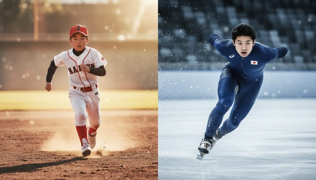夏の野球グラウンドを走る少年が、そのまま冬のスケートリンクを疾走する五輪選手へと変化していくイメージ画像(生成AIによるイメージ)