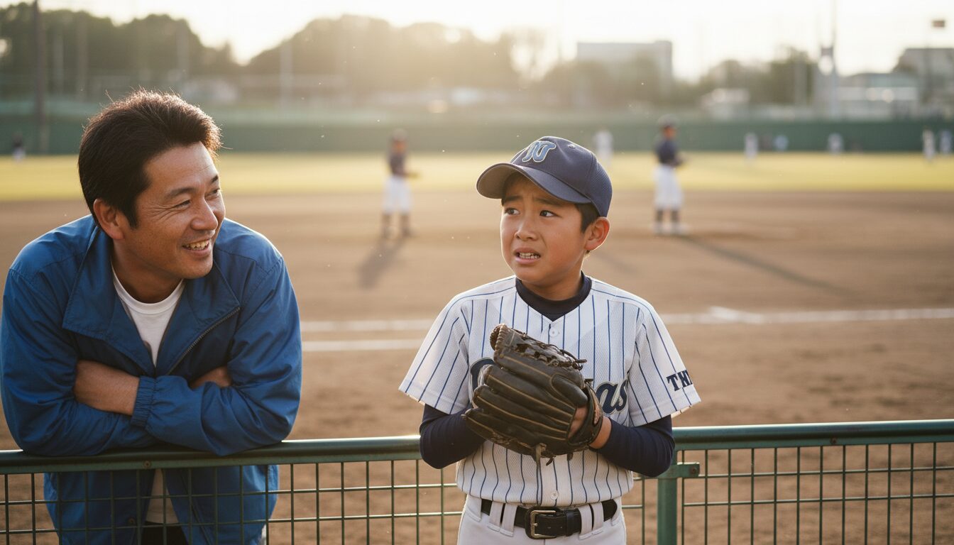 ベンチのサインを気にして不安そうな少年野球の選手と見守る父(生成AIによるイメージ)