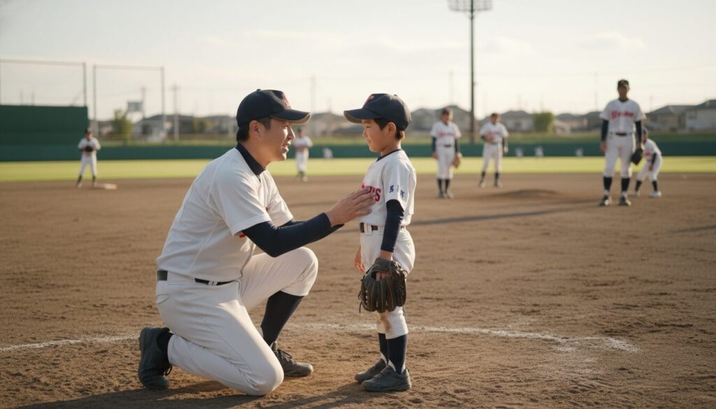 グラウンドで目線を合わせて息子と対話する父親(生成AIによるイメージ)