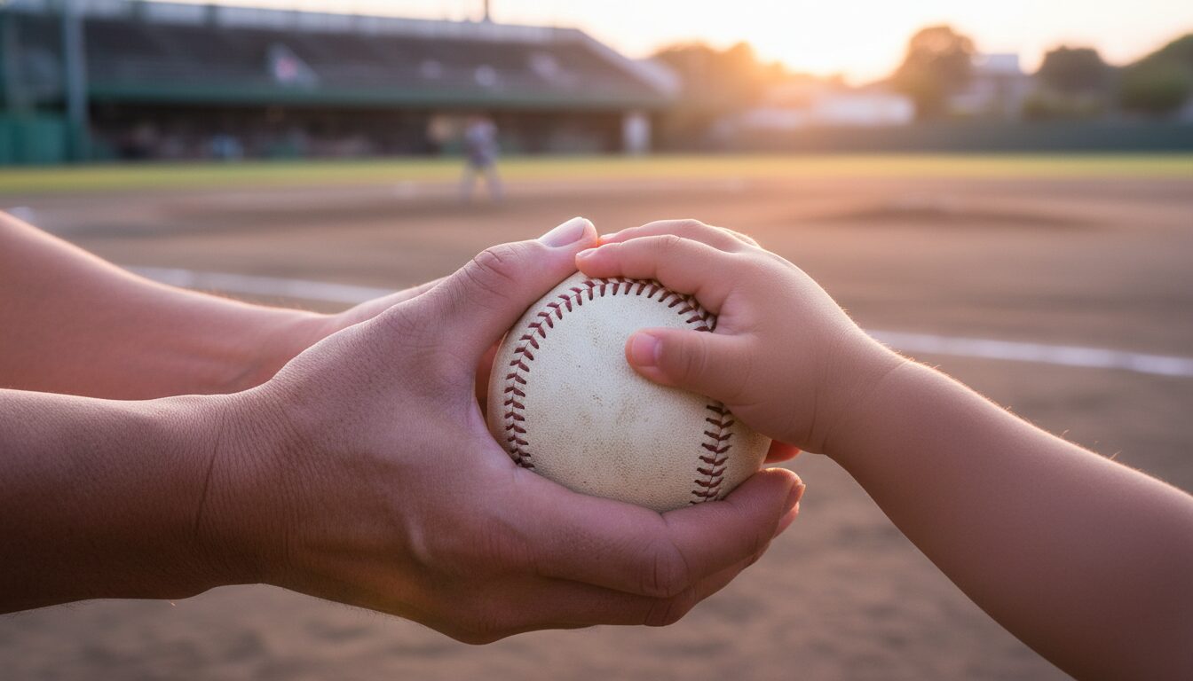 野球のボールを一緒に持つ父親と息子の手(生成AIによるイメージ)