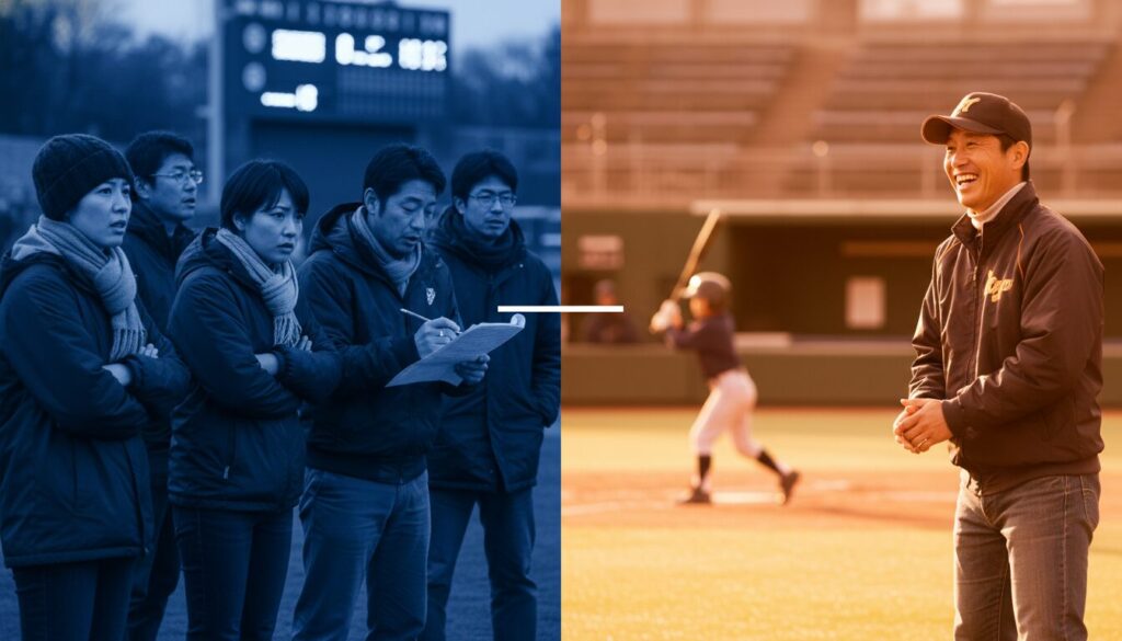 保護者の陰口と純粋な応援の対比(生成AIによるイメージ)