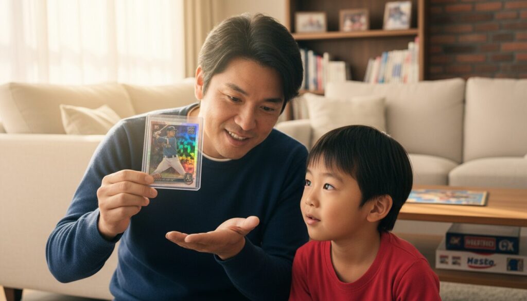 キラキラ光る野球のレアカードを息子に得意げに見せて説明する父親(生成AIによるイメージ)