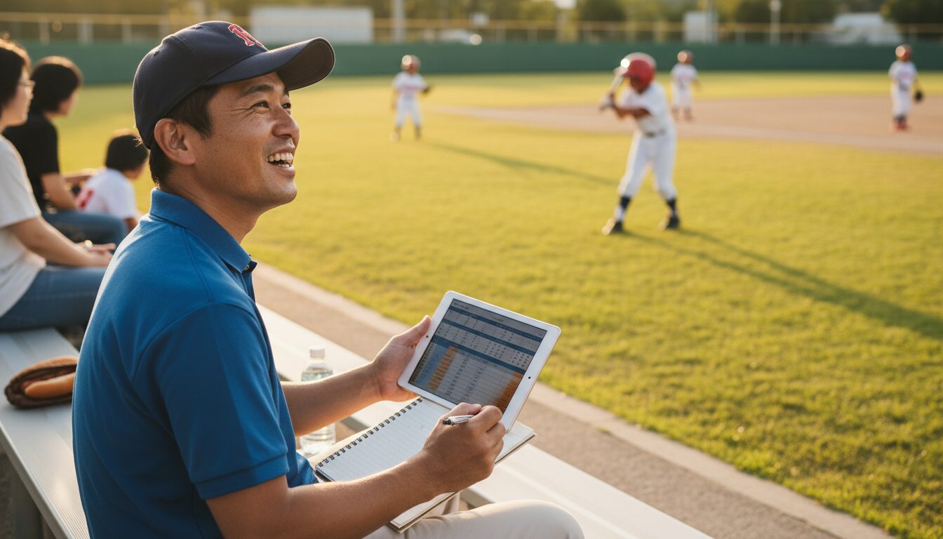少年野球の試合データを笑顔で記録する父親(生成AIによるイメージ)