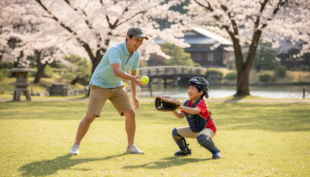 公園でテニスボールを使ってキャッチング練習をする親子（生成AIによるイメージ）
