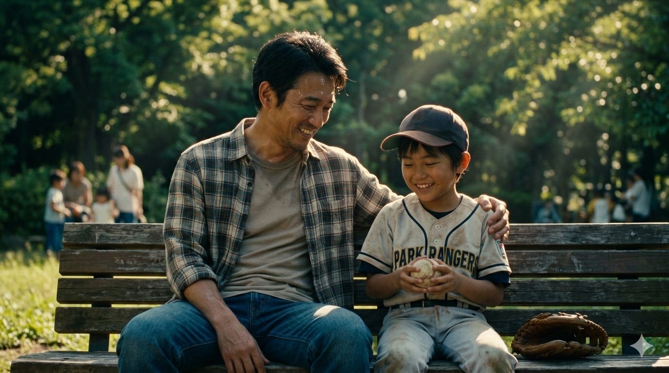 週末の公園で笑顔で休む野球少年の親子(生成AIによるイメージ)