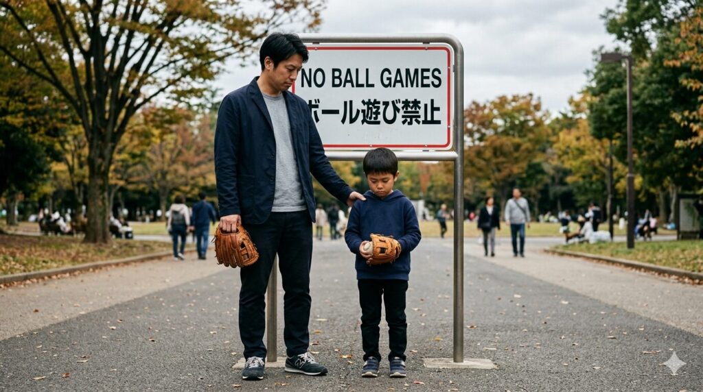 公園の「球技禁止」看板の前で肩を落とす野球親子(生成AIによるイメージ)