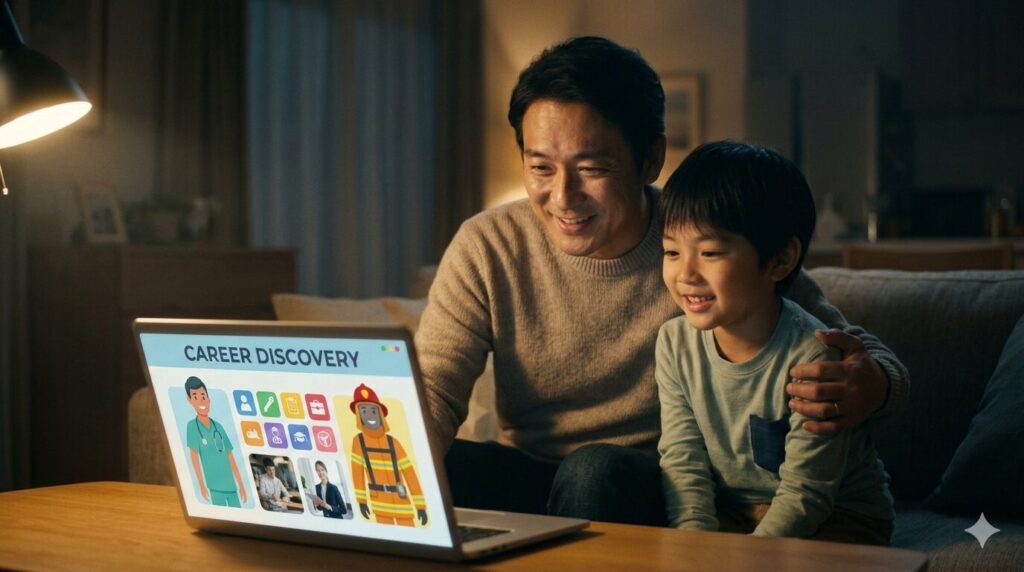パソコンを見ながら様々な職業について楽しく学ぶ親子(生成AIによるイメージ)