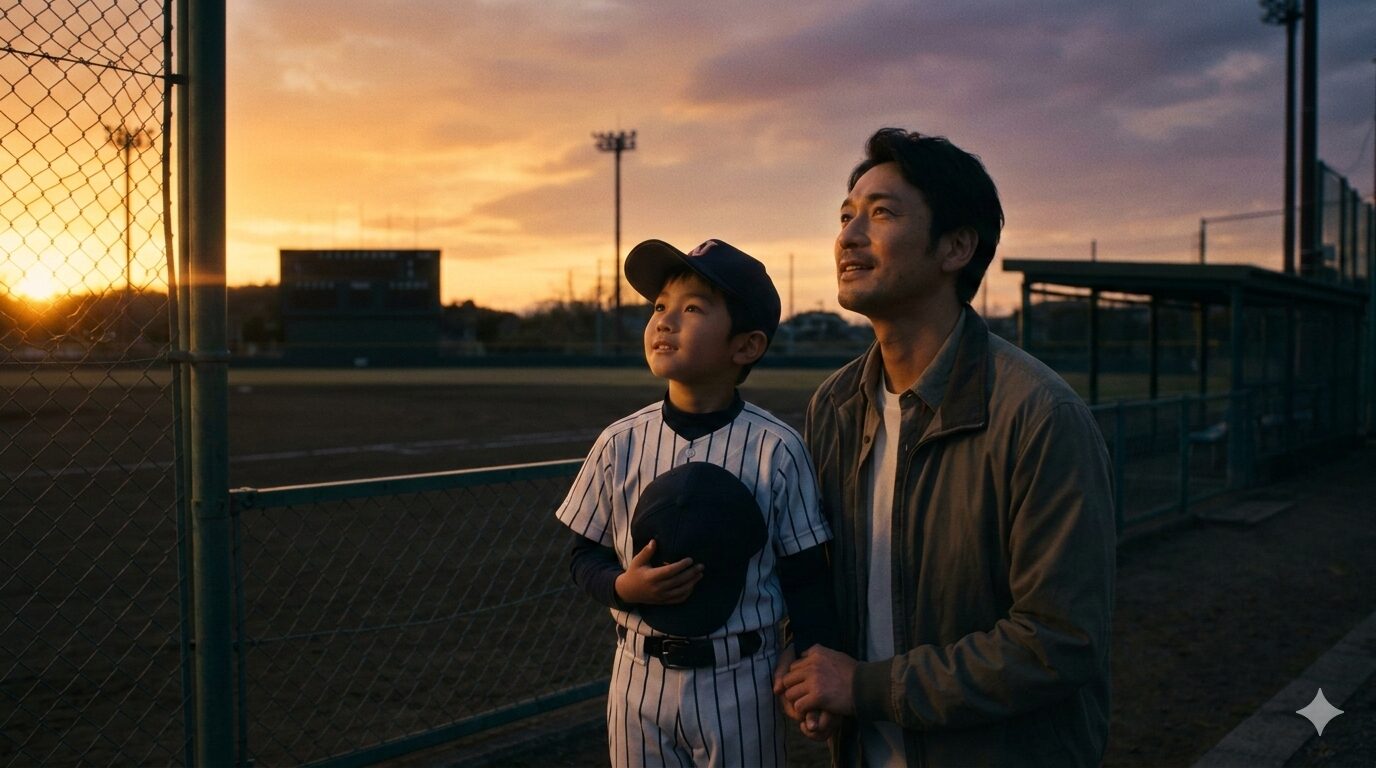夕暮れのグラウンドで希望を持って空を見上げる野球少年の息子と父親(生成AIによるイメージ)