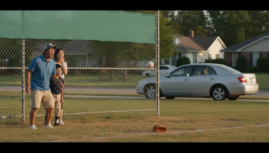 少年野球のグラウンドからフェンス越えして車に向かって飛んでいくボールと焦るパパ(生成AIによるイメージ)