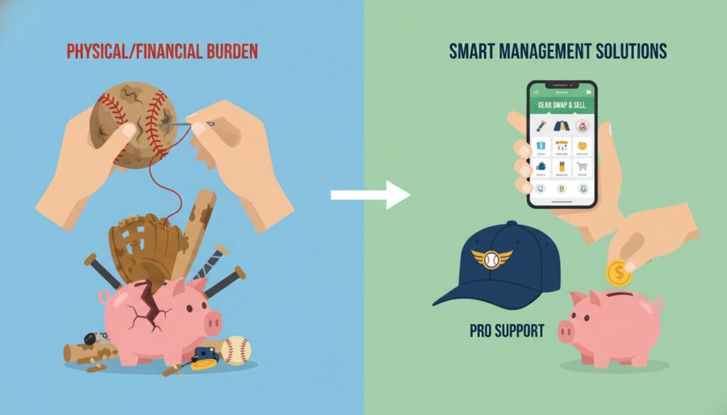 少年野球の用具補修、フリマアプリ活用、プロの支援を表現したスマートな備品管理のインフォグラフィック(生成AIによるイメージ)