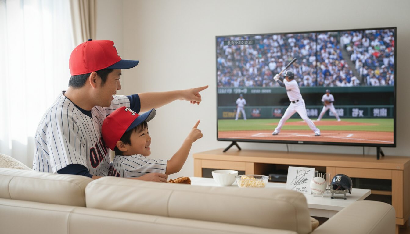リビングでプロ野球中継を親子で楽しんで観戦している様子(生成AIによるイメージ)