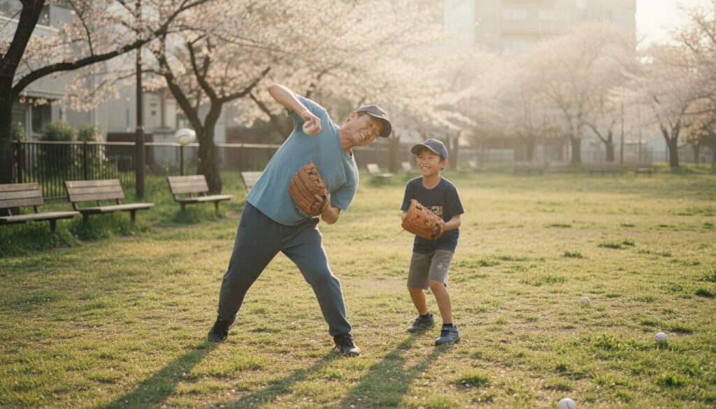 公園でぎこちないフォームで息子とキャッチボールをし、少し肩を痛そうにしながらも笑顔の父親(生成AIによるイメージ)