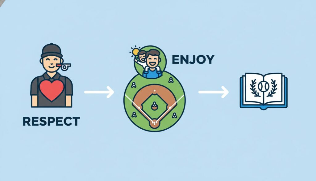 審判へのリスペクトと親子の笑顔を表現した少年野球観戦の心得インフォグラフィック(生成AIによるイメージ)