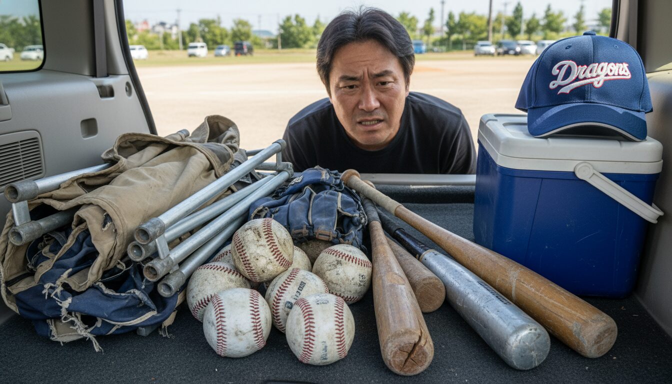 車のトランクにあるボロボロの野球道具と新しいプロ野球チームの帽子を見つめる父親(生成AIによるイメージ)