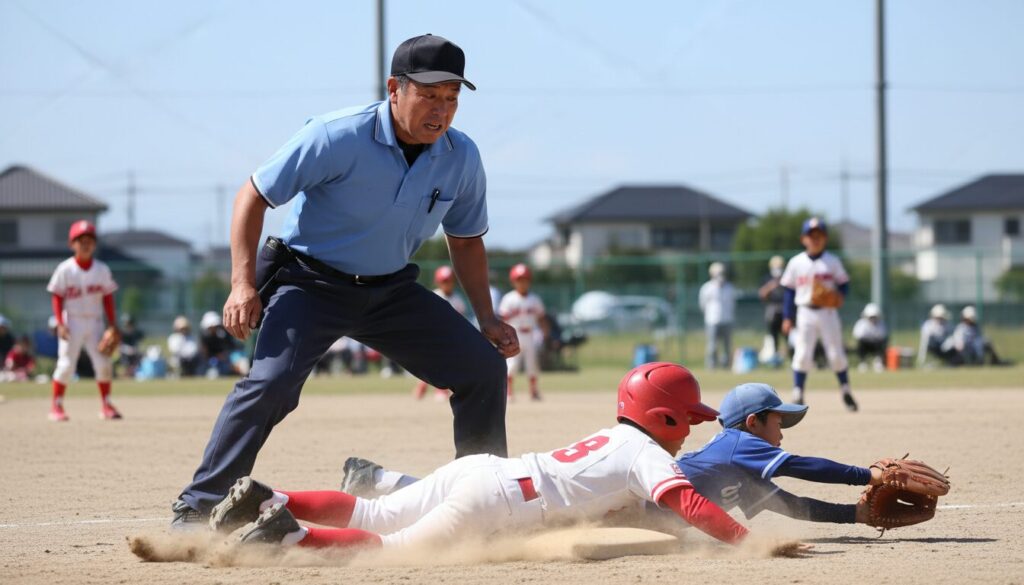 土煙を上げてスライディングしてくる子供のプレーに緊張し、判定に迷う塁審のパパ(生成AIによるイメージ)