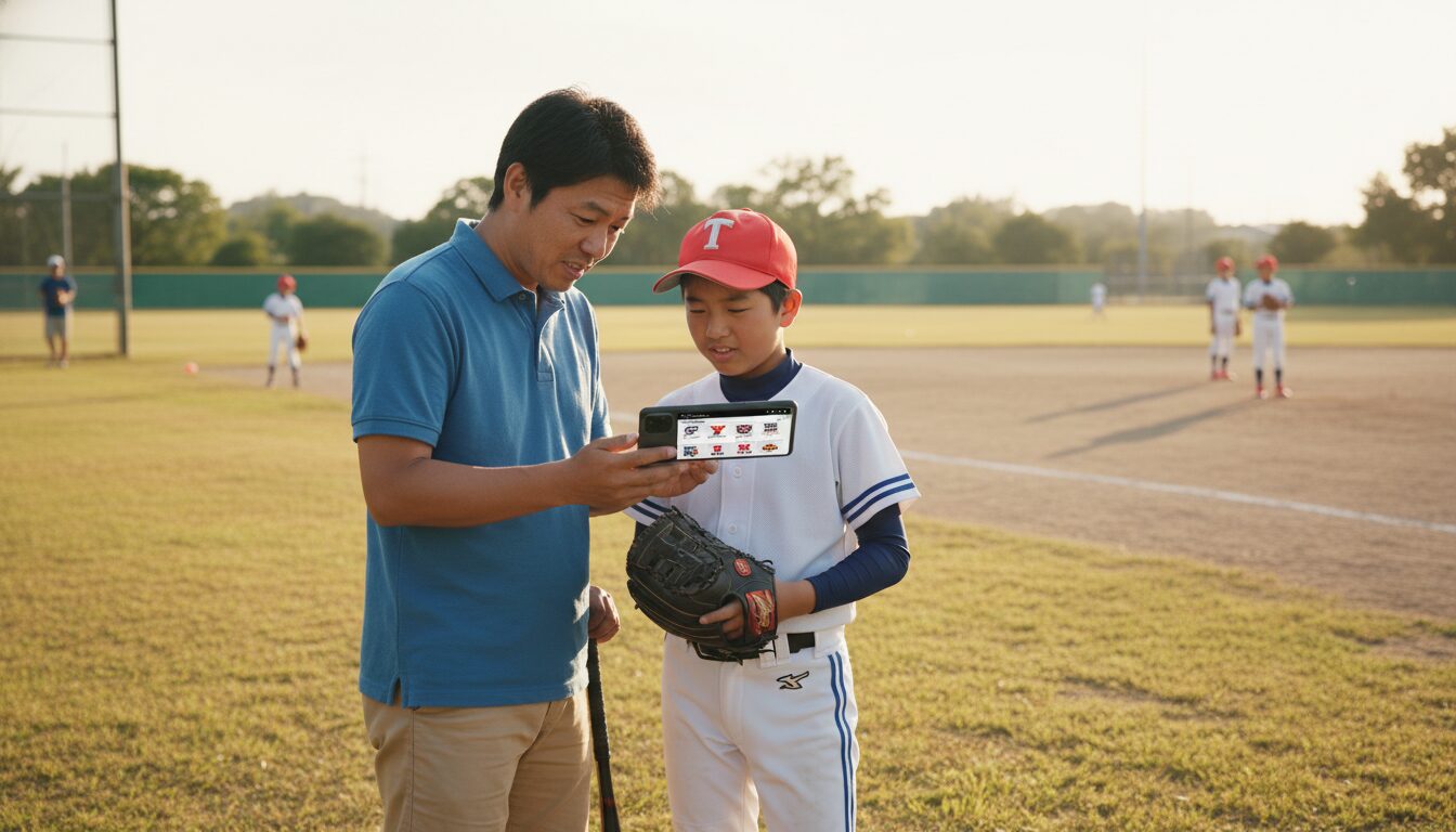 チーム選びに悩む少年野球の子供と父親(生成AIによるイメージ)