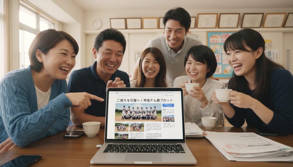 クラウドファンディングを活用して笑顔で資金を集める保護者たち(生成AIによるイメージ)