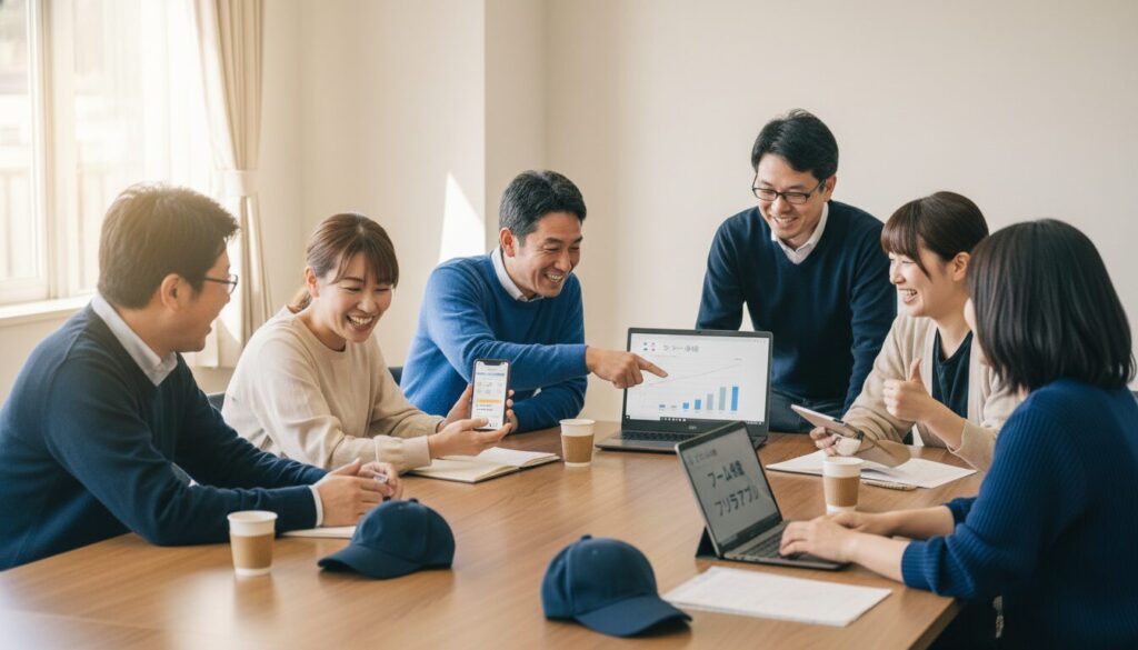パソコンやスマホを見ながら楽しそうにチームの備品管理や資金調達について話し合う保護者たち(生成AIによるイメージ)
