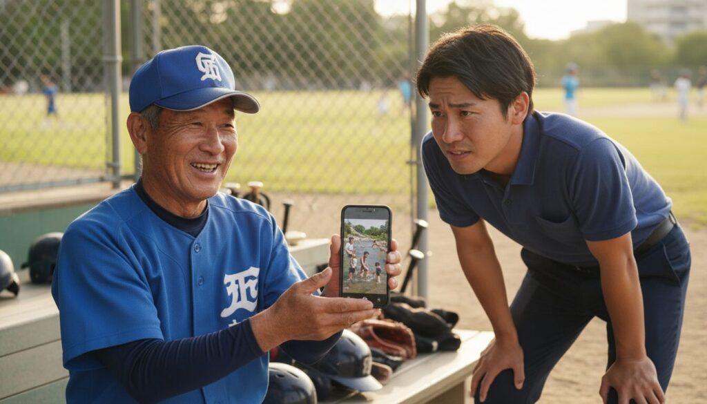 スマホの画面を若手パパに見せて悪気なく画像をシェアしようとする年配の野球指導者(生成AIによるイメージ)
