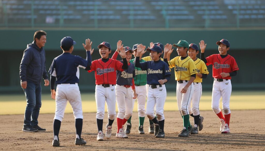合同チームで笑顔でハイタッチをしてコミュニケーションを取る少年野球の子供たち(生成AIによるイメージ)