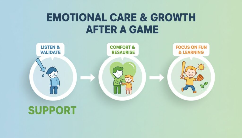 試合後のメンタルケアと親子の成長プロセスを図解したインフォグラフィック(生成AIによるイメージ)