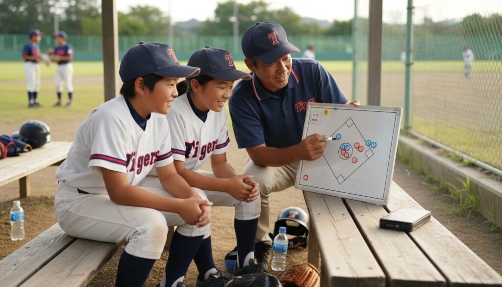 ベンチで男の子と女の子が対等に作戦ボードを見つめ、パパコーチが優しく指導している様子(生成AIによるイメージ)