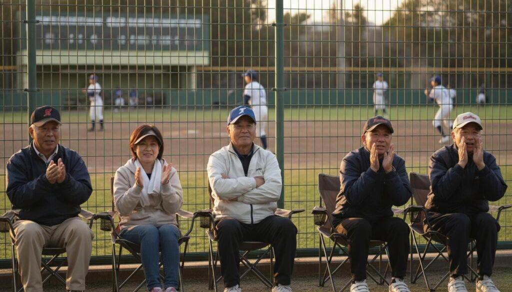 ネット裏から落ち着いた大人の余裕を持って試合を見守る少年野球の保護者たち(生成AIによるイメージ)