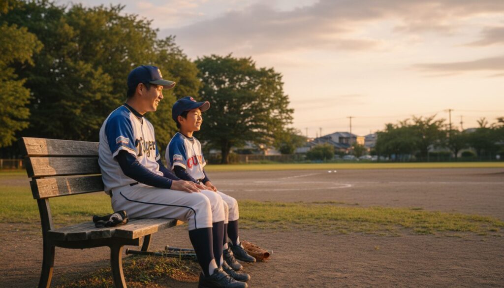 公園のベンチで肩を並べて楽しそうに話す野球少年と父親(生成AIによるイメージ)